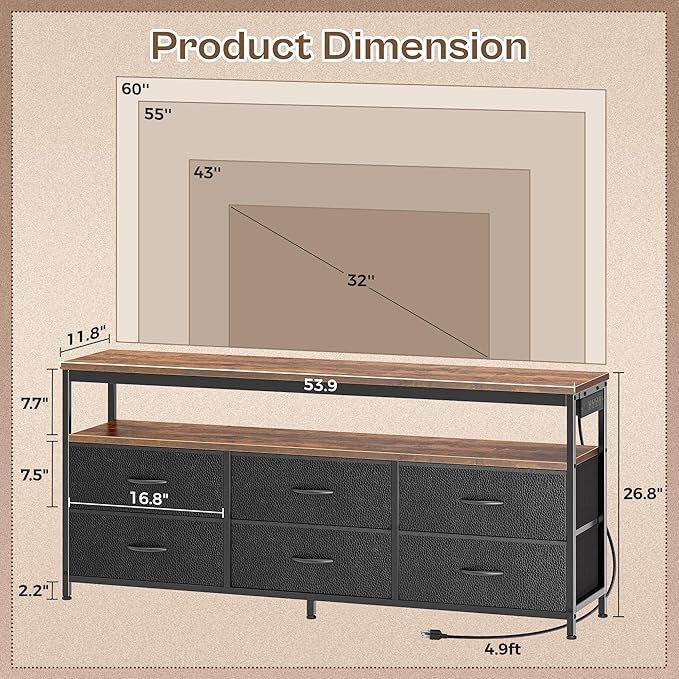 Huuger LED TV Stand for Bedroom, 55 Inch Fabric Dresser with Power Outlets, Entertainment Center for 60, 55 Inch TV, 6 Drawer Dresser for Bedroom, Chest of Drawers with Shlef, PU Leather, Rustic Brown