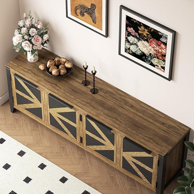 VFK 70 Inch Farmhouse TV Stand for 75 Inch TV, Rustic Entertainment Center with 4 Doors, Wood Media Console Cabinet with Storage, Living Room TV Cabinet