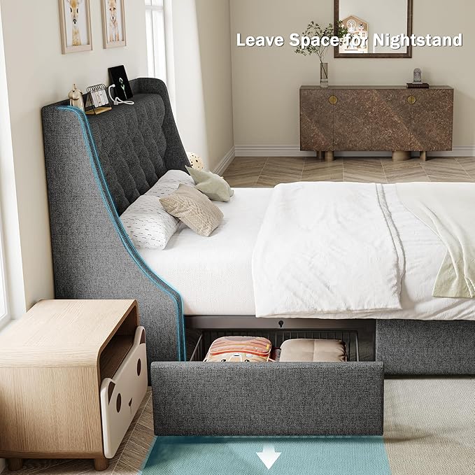 Twin Bed Frame with 4 Storage Drawers, Giant Upholstered Wingback Headboard, Fast Charging Station, No Box Spring Needed, Noise-Free, Dark Gray