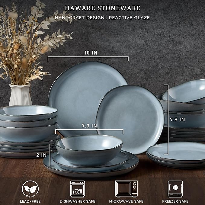 HaWare Dinnerware Sets, 24-Piece Stoneware Plates and Bowls Set, Dish Set for 8, Ceramic Dishware for Home Restaurant, Chip and Scratch Resistant, Microwave and Dishwasher Safe, Reactive Foggy Blue