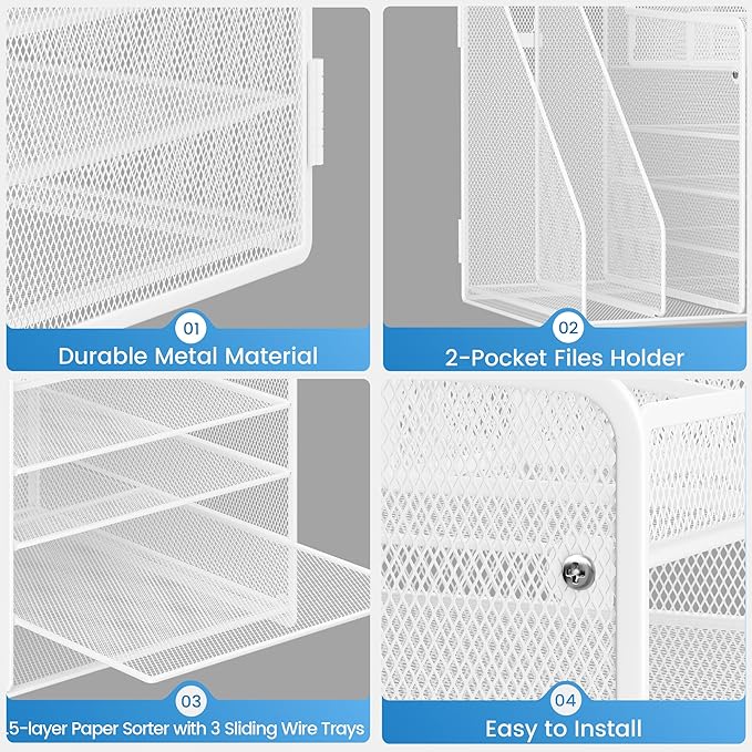 Lavatino 5-Tier Desk Organizer with 2 File Holders, Metal Adjustable Paper Letter Tray for Office or Home Desk Organizers and Accessories | 7 Flexible Dividers Keep Workspace Supplies Neat, White
