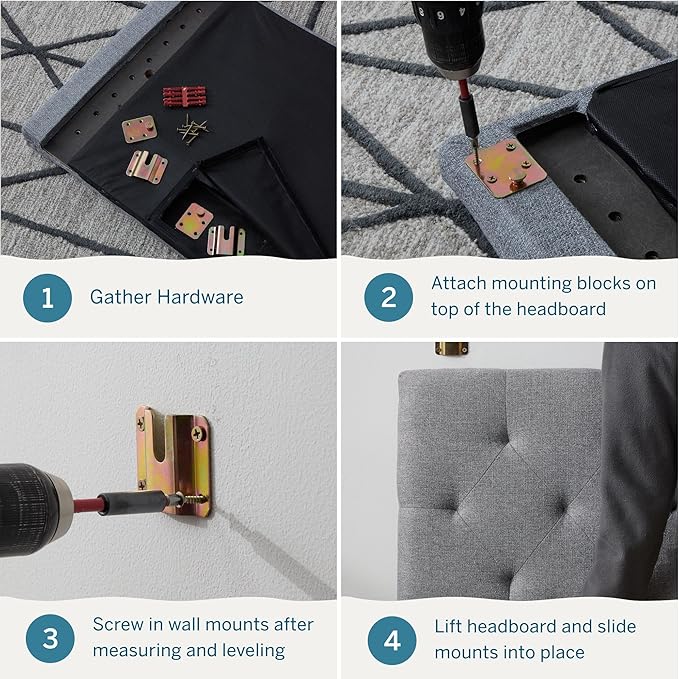 Lucid Mid-Rise Upholstered Headboard - Diamond Tufted - Padded Polyester - Adjustable Height from 34” to 46” - Easy Assembly - Bed Frame or Wall Mount - Sturdy - Stone - Full / Full XL Size