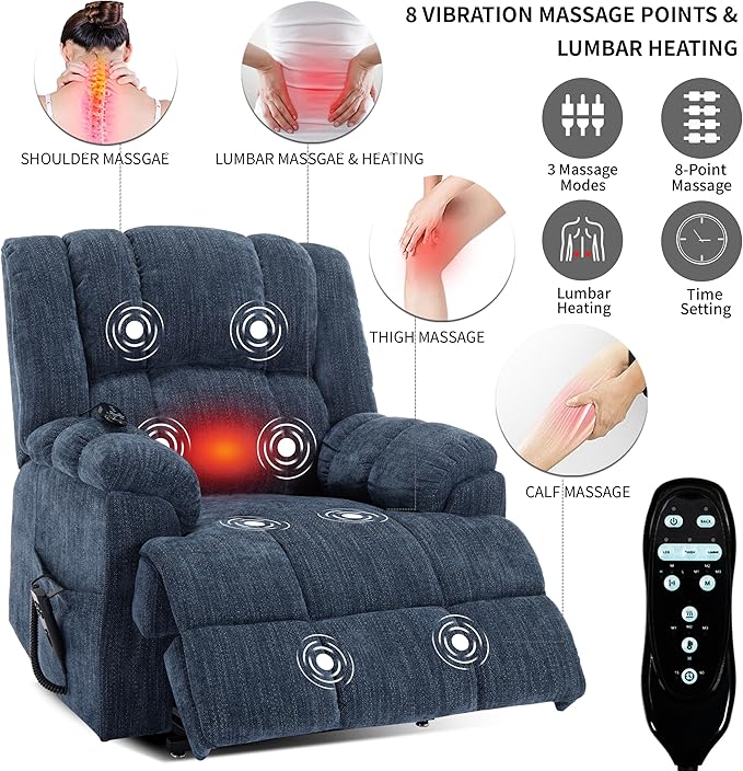 Luxlen Power Lift Recliner Chair for Elderly, Heat Massage Recliners, Dual Motor Oversized Lift Chair, Medium-Firm Electric Lift Recliners with Remote - Dark Blue