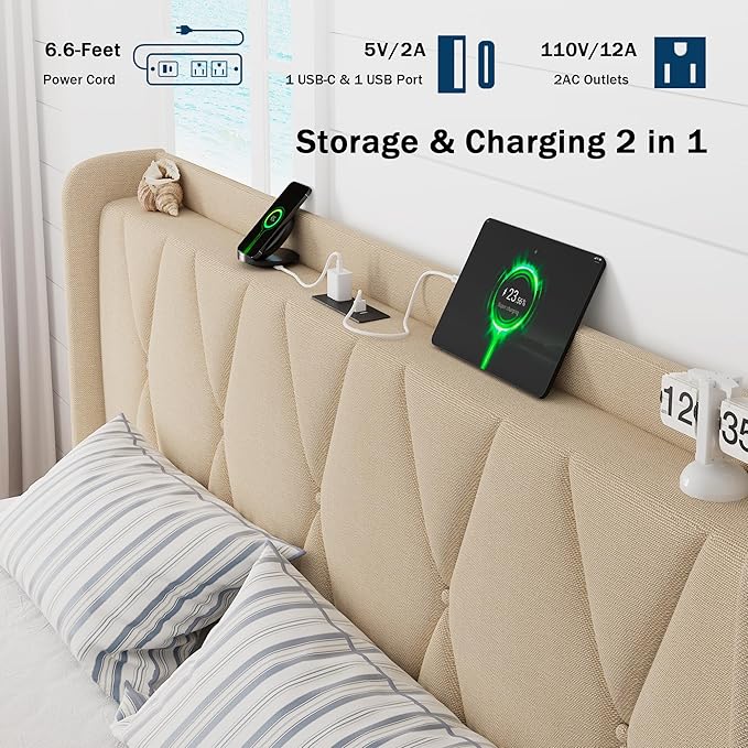 King Size Bed Frame with 4 Storage Drawers, Upholstered Platform Bed with Charging Station, Modern Wingback Storage Headboard, Easy Assembly,Noise-Free, Beige