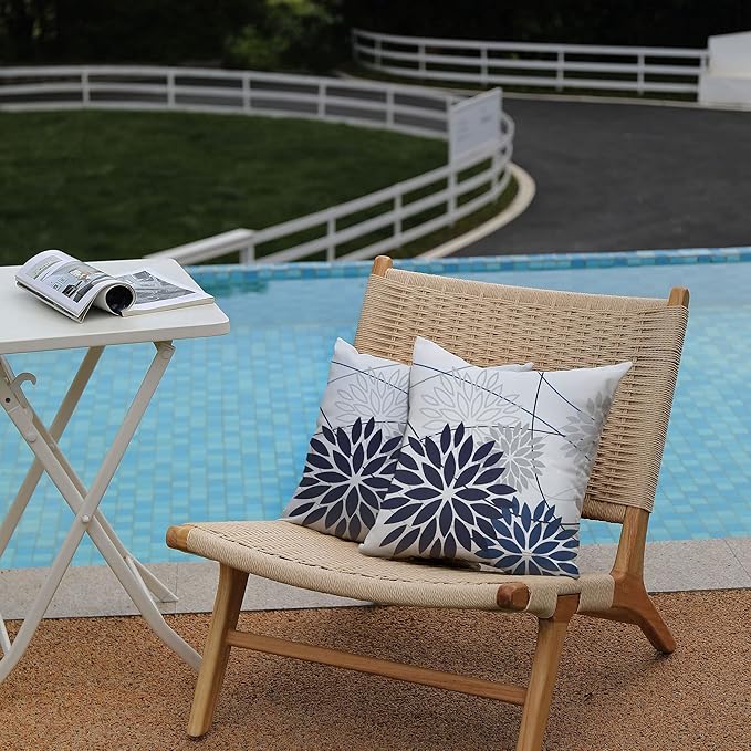 Blue Flower Pillow Covers 16x16 Inch Set of 2 Dark and Light Blue Colored Pillow Farmhouse Outdoor Waterproof Decor for Patio Funiture Garden Summer Floral Polyester Square Cushion Cover 01D16