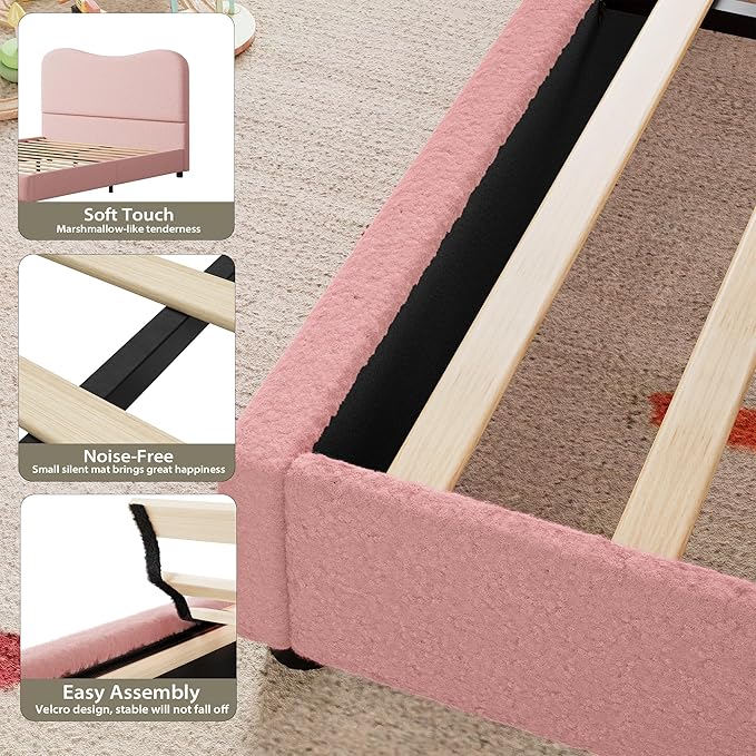 GarveeHome Velvet Queen Bed Frame with Headboard, Upholstered Low Profile Platform Bed, No Box Spring Needed, Strong Wooden Slats, Noise Free, Easy Assembly, Pink