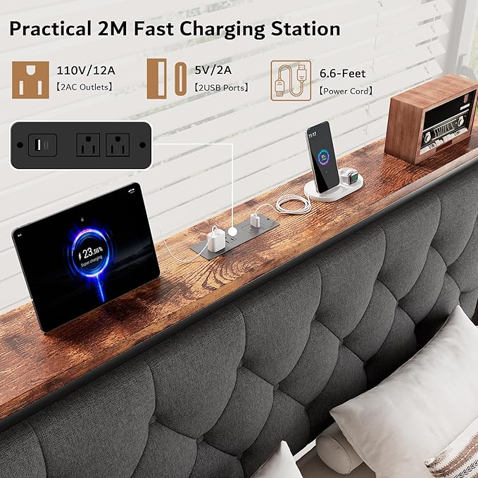 iPormis King Bed Frame with 2 Storage Drawers, Linen Upholstered Headboard Platform Bed with Charging Station, No Box Spring Needed, Metal Slats Support, Noise-Free, Easy Assembly, Grey