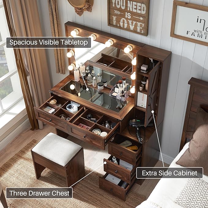 JXQTLINGMU Farmhouse Vanity Makeup Desk with Charging Station, 43" W Vanity Desk with Lights Mirror and Drawers for Makeup, Big Modern Makeup Table Set with Stool for Bedroom, Brown