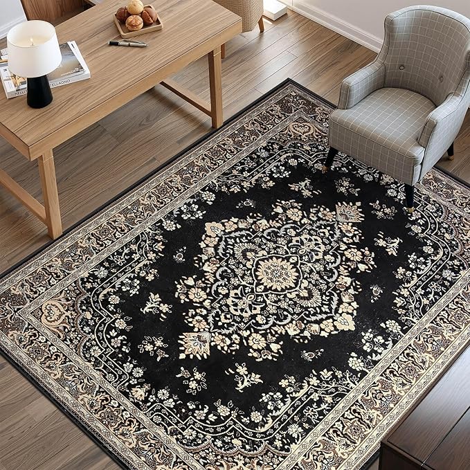 Vintage Area Rug 5x8 Rugs, Machine Washable Vintage Area Rug Non-Slip Low Pile Large Rug for Living Room, Bedroom, Farmhouse, Dining Room, Black