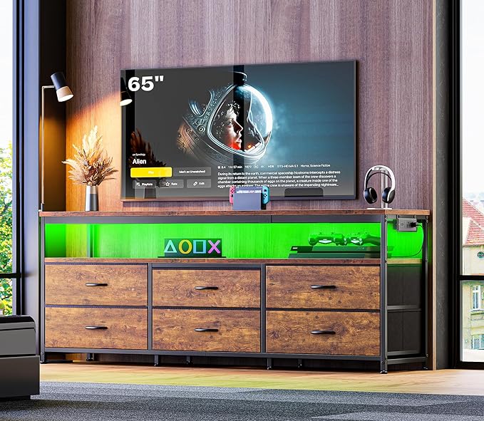 Huuger 63 Inch TV Stand for 55, 65, 70 Inch TV, Long Dresser TV Stand for Bedroom, LED TV Stand with Power Outlets, Rustic Fabric Drawer Dresser with Storage, Entertainment Center for Living Room