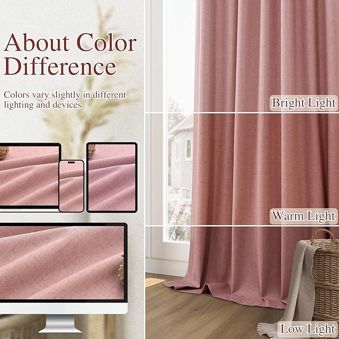 Guken Linen Blackout Curtains 90 Inch Length 2 Panels Set for Living Room Bedroom Back Tab Thermal Insulated 100% Black Out Linen Drapes Room Darkening Window Curtains 90 Inches Long, Pink