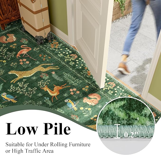 DUKINO 4x6 Rug, Washable Animal Area Rug with Non Slip Vintage Design, Indoor Soft Low Pile Carpet for Bedroom, Nursery, Dining Room, Farmhouse, Playroom, Green