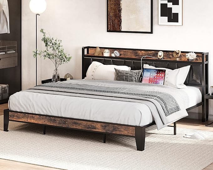 LIKIMIO King Bed Frame, Storage Headboard with Charging Station, Solid and Stable, Noise Free, No Box Spring Needed, Easy Assembly (Vintage and Black)