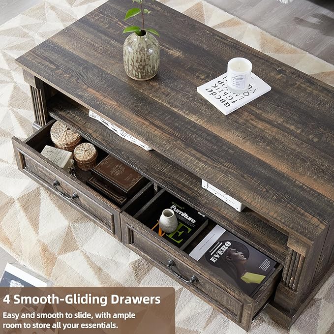 48'' Wood Coffee Table for Living Room, Farmhouse Coffee Table with Storage, Rustic Center Table for Living Room with 4 Drawers, Farmhouse & Industrial Cocktail Table for Home (Dark Rustic Oak)