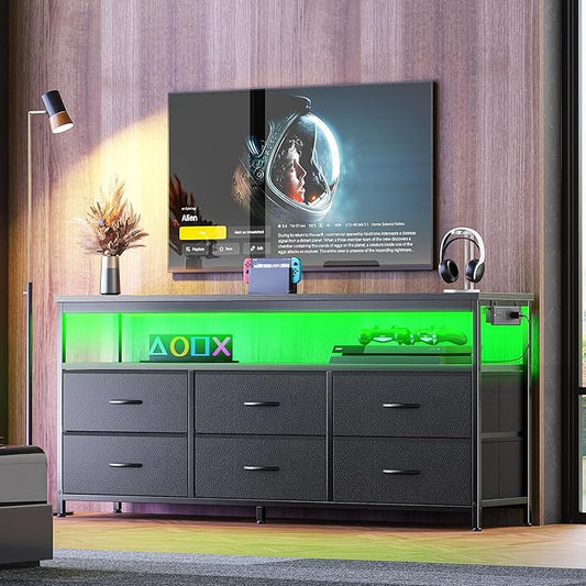 Huuger LED TV Stand for Bedroom, 55 Inch Fabric Dresser with Power Outlets, Entertainment Center for 60, 55, 50 Inch TV, 6 Drawer Dresser for Bedroom, Chest of Drawers with Shlef, PU Leather, Black