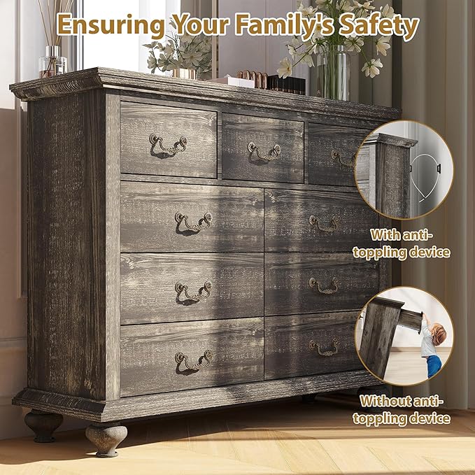 GAOMON 9 Drawers Dresser for Bedroom, Wooden Chest of Drawer with Large Drawers & Metal Handles for Bedroom, Living Room, Hallway, Black