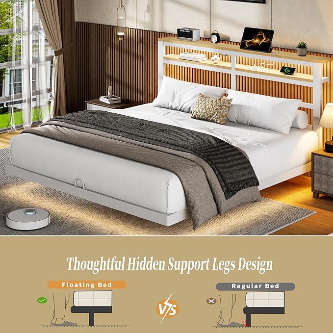 Floating Bed Frame Queen with LED Lights &USB Charging Station – Modern Platform Bed with 2 Tier Storage Headboard, Metal Slat Support, No Box Spring,Easy Assembly, Noise-Free, White