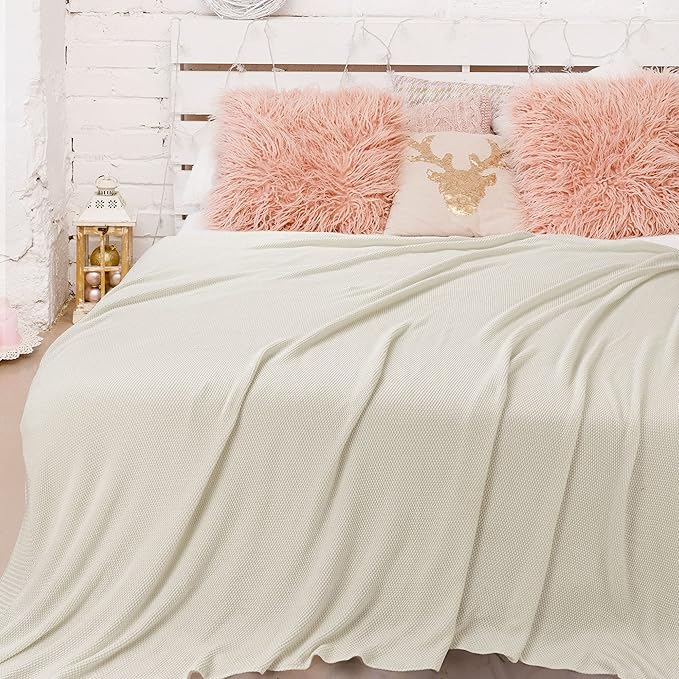 PiccoCasa 100% Cotton Knit Blanket Twin Size,Solid Lightweight Decorative Throws and Blankets,Soft Knitted Throw Blanket for Sofa Couch, Beige 60" x 78"