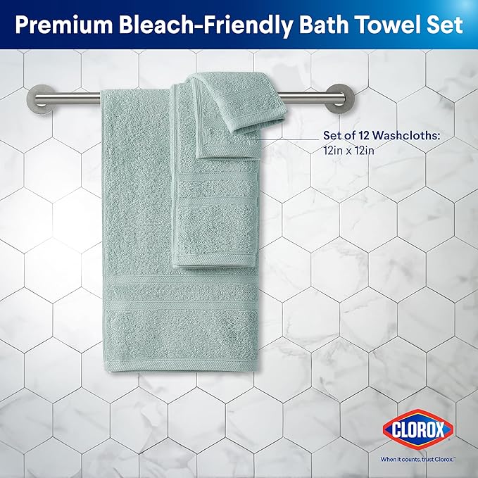 CLOROX Bleach Friendly, Quick Dry, 100% Cotton Washcloths (12" x 12"), Highly Absorbent Soft Lightweight, Ideal for Everyday Use, Easy to Wash (12 Pack, Mineral Blue)