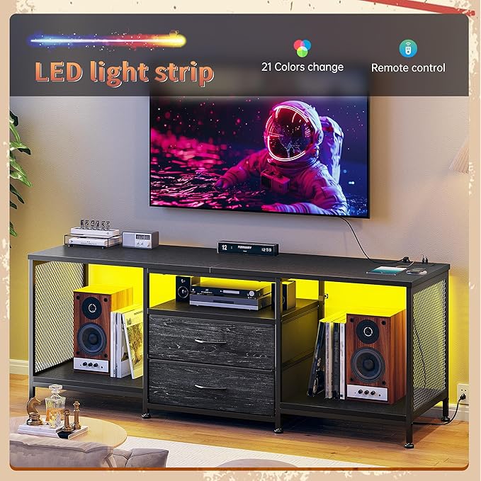 55" W TV Stand for Bedroom with LED Lights & Power Outlets Dresser TV Stand with 2 Drawers for 65" TV with Open Storage Shelves