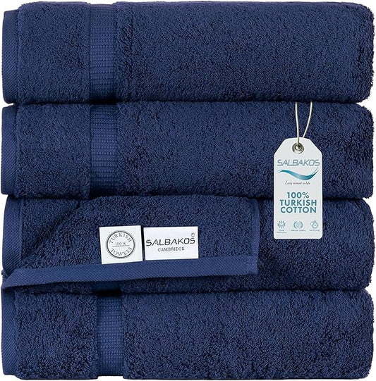 SALBAKOS 100% Turkish Cotton Bath Towel Set of 4 27x54 inch | Heirloom Quality | Hotel & Spa Collection | Ultra Soft, Super Absorbent, Long Lasting Bath Towels | Made in Turkey (Navy, 4 Bath Towels)