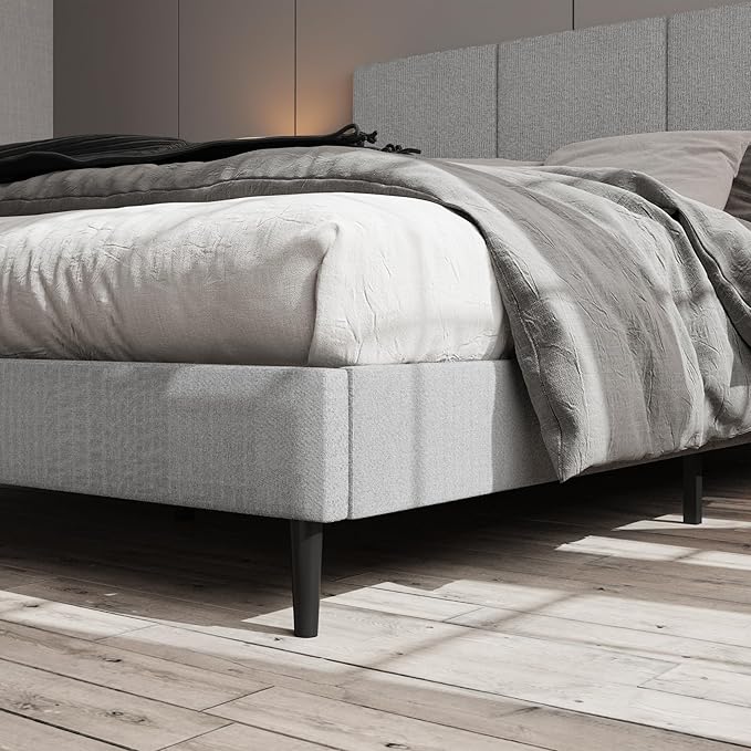 Full Size Bed Frame with Headboard, Vertical Channel Fabric Heavy Duty Full Size Bed Frame, No Springs Required, Easy to Assemble, Metal Platform Bed Frame, Grey