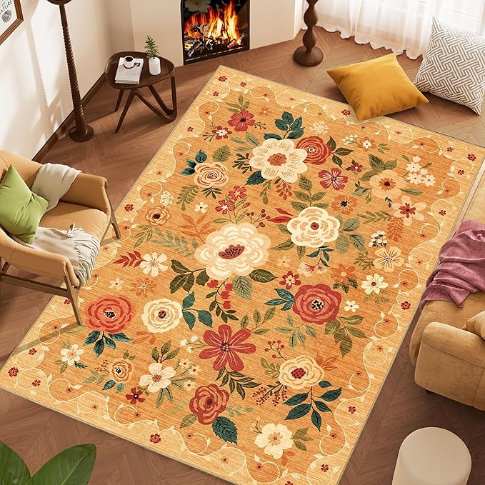 DUKINO 8x10 Area Rug, Floral Rugs for Living Room, Lightweight Non Slip Washable Rug, Indoor Low Pile & Non-Shedding Boho Design Rugs for Bedroom, Living Room, Dining Room, Orange