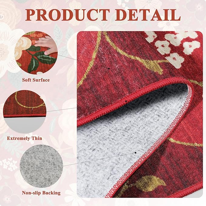 DUKINO 3x5 Area Rug, Floral Rugs for Living Room, Lightweight Non Slip Washable Rug, Indoor Low Pile & Non-Shedding Boho Design Rugs for Bedroom, Living Room, Dining Room, Red
