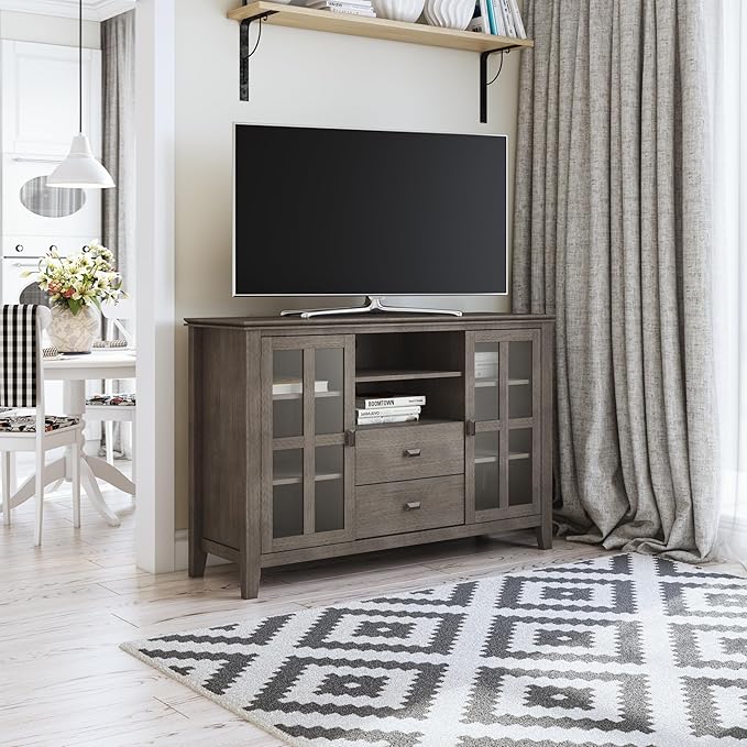 SIMPLIHOME Artisan SOLID WOOD 53 inch Wide Transitional TV Media Stand in Farmhouse Grey For TVs up to 60 inches for the Living Room and Entertainment Center