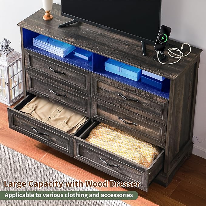 Dressers for Bedroom,6 Drawers Dresser with LED Light,Power Outlets and Open Shelves,Chests of Drawers for 65 inch TV, for Hallway, Entryway, Dark Rustic Oak