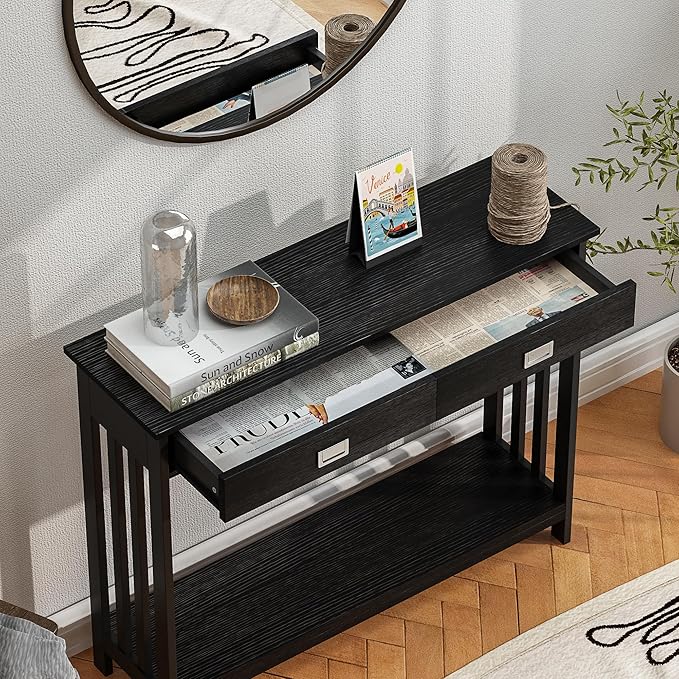 ChooChoo Black Entryway Table with Drawer, Narrow Console Table, Sofa Table with Storage Shelf for Entryway, Living Room and Hallway