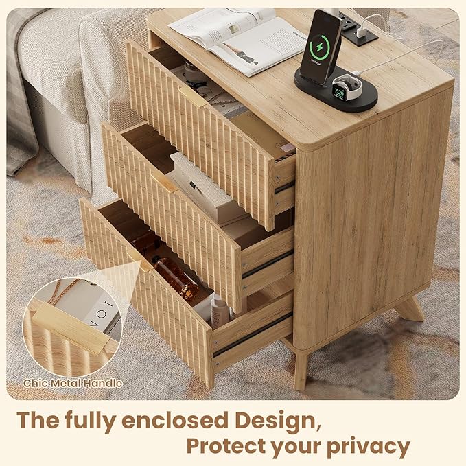 30" Tall Fluted NightStand Set of 2,Modern Side Table with Storage, 3 Drawers End Table with Charging Station,Night Stand Wood Bedside Tables for Bedroom,Curved Profile Design,Natural Oak