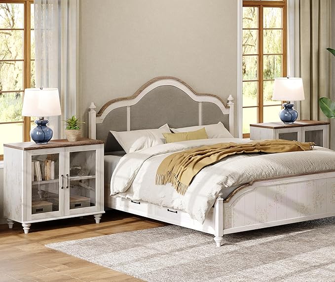 WAMPAT Farmhouse TV Stand for TVs Up to 75 inch, Glass Wooden Universal TV Stand with 2 Storage Cabinets, Entertainment Center, Console Table for Living Room, Bedroom, Rustic White