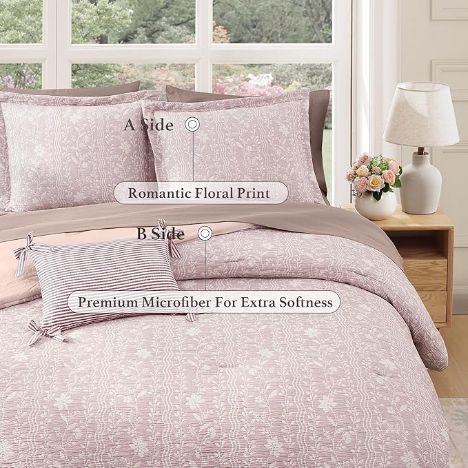 Queen Comforter Set -7 Pieces Floral Pink Comforter Set for All Seasons, Bed in a Bag Queen with Botanical Flowers Comforter, Sheets, Pillowcases & Shams