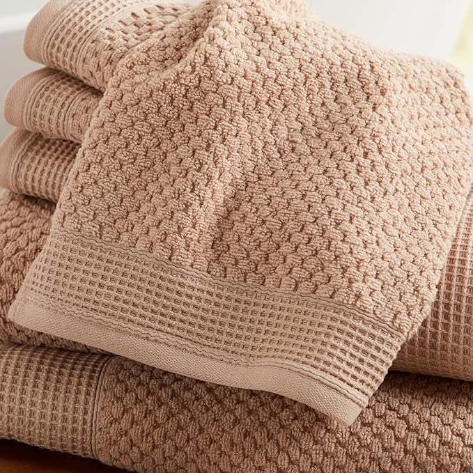 Belle Collection 100% Cotton Waffle Textured 6 Piece Towel Set | Super Soft Quick Dry Bath & Hand Towels, Washcloths | Beige