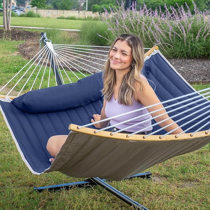 2 Person Hammock with Stand Included, Outdoor Hammock with Curved Spreader Bar, Pillow and Carrying Bag, 450 Lbs Capacity, Navy Blue