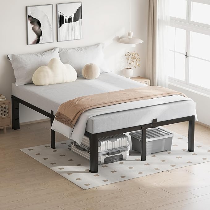 16 Inch King Size Bed Frame, 3500Lbs Heavy Duty Metal Platform with Round Corner Legs Mattress Slide Stopper, Steel Slat Support No Box Spring Needed, Noise Free, Non-Slip, Easy Assembly