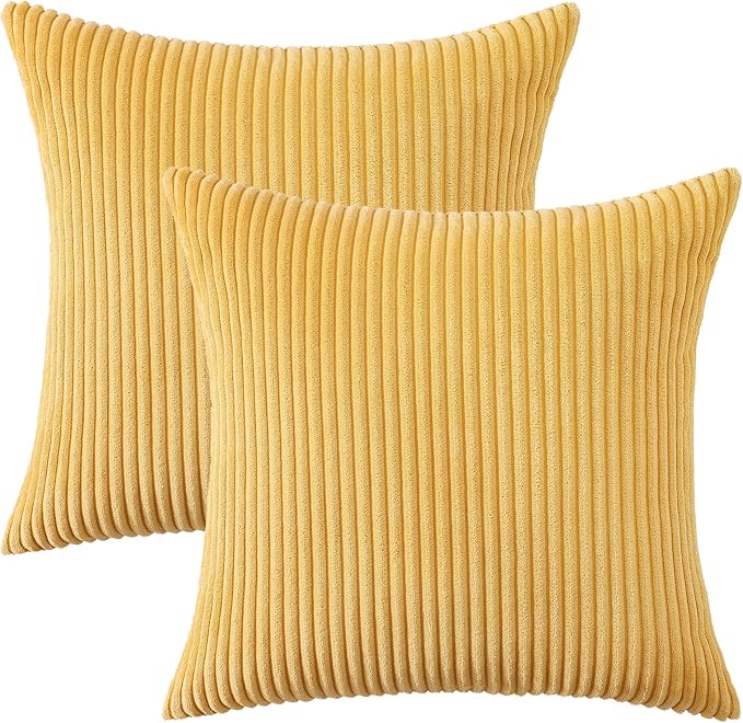 Mecatny Corduroy Decorative Throw Pillow Covers 18x18 Set of 2 for Sofa Living Room, Soft Neutral Boho Couch Pillow Covers for Home Decor, Mustard Yellow