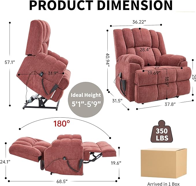 Luxlen Power Lift Recliner Chair for Elderly, Heat Massage Recliners, Dual Motor Oversized Lift Chair, Medium-Firm Electric Lift Recliners with Remote - Red