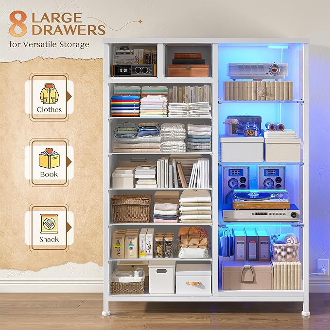 EnHomee Dresser for Bedroom with LED Lights & Power Outlets Tall Dresser with 8 Drawers Fabric Dressers & Chests of Drawers for Bedroom, Closet, Sturdy Metal Frame, Acrylic Plates (White)