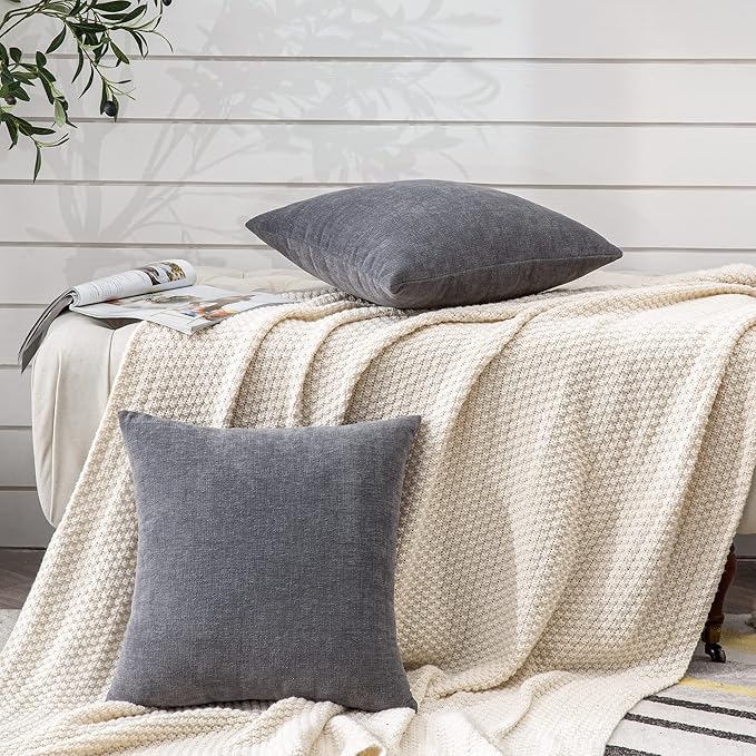 GAWAMAY Decorative Square Throw Pillow Covers 18"x18" Inch Set of 2, Super Soft Chenille Pillows Farmhouse Fall Pillowcase for Living Room Bedroom Sofa Couch Cushion Cover Grey 45x45cm (No Insert)
