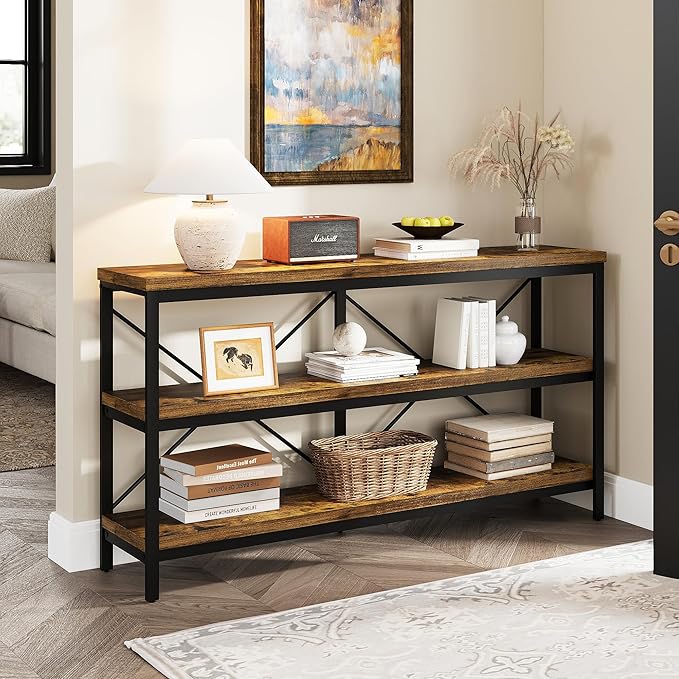 3-Tier Console Table, 55.1" Entryway Table with Metal Frame and Open Shelves, Modern Behind Couch Sofa Table for Living Room, Hallway, Foyer, Entrance, Industrial, Bookshelf, Rustic Brown
