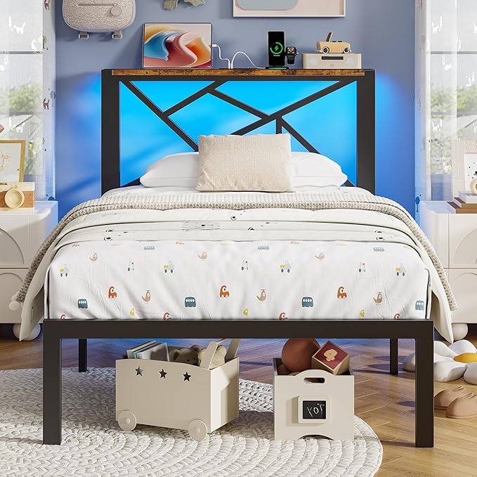 Twin Size Black Metal Bed Frame with USB Charging Station, LED Ambient Lighting, and Wooden Storage Headboard - Includes Under-Bed Storage, No Box Spring Needed, Noise Free, Easy Assembly