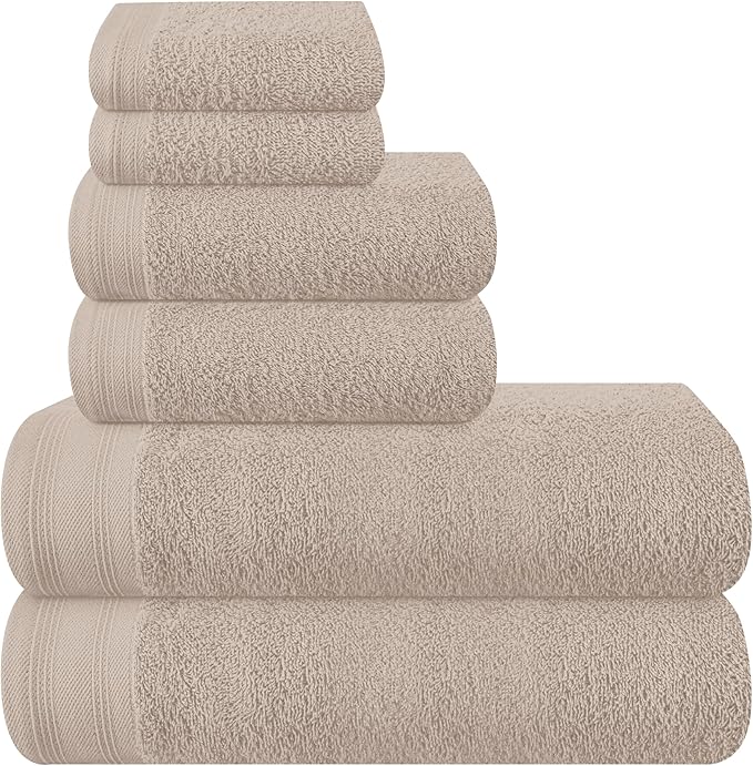 Ultra Soft 6 Pack Cotton Towel Set, Contains 2 Bath Towels 28x55 inch, 2 Hand Towels 16x24 inch & 2 Wash Coths 12x12 inch, Ideal Everyday use, Compact & Lightweight - Tan