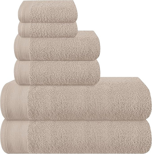 Ultra Soft 6 Pack Cotton Towel Set, Contains 2 Bath Towels 28x55 inch, 2 Hand Towels 16x24 inch & 2 Wash Coths 12x12 inch, Ideal Everyday use, Compact & Lightweight - Tan
