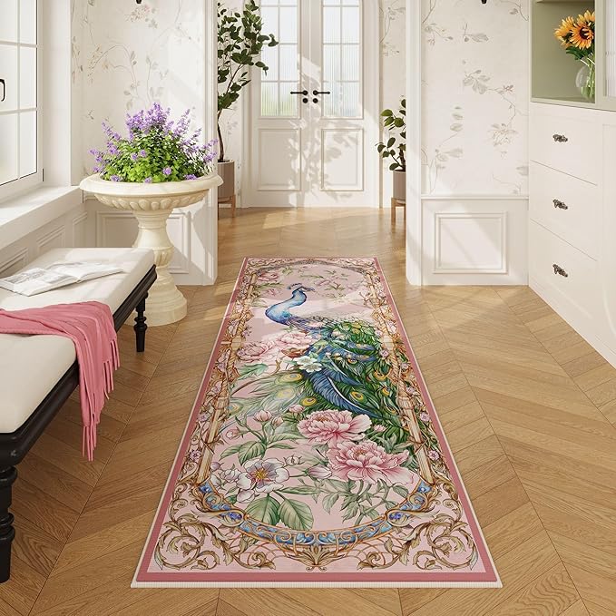 Runner Rug for Kitchen 2'x6' Washable Rugs with Rubber Backing Non Slip Soft Floral Peacock Animal Carpet Runner for Kitchen, Laundry, Bedroom, Bathroom (Pink)