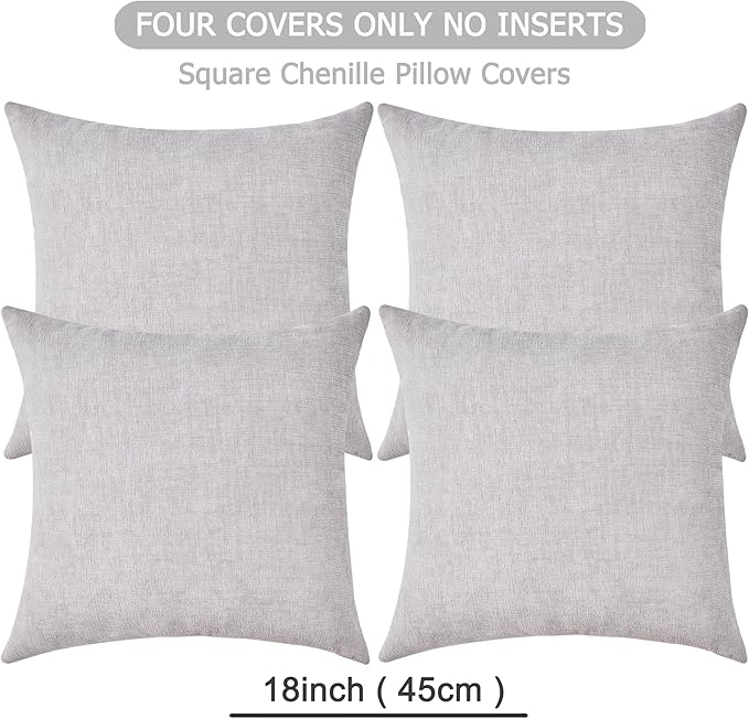 GAWAMAY Decorative Square Throw Pillow Covers 18"x18" Inch Set of 4, Super Soft Chenille Pillows Farmhouse Fall Pillowcase for Living Room Bedroom Sofa Couch Cushion Cover Light Grey 45x45cm