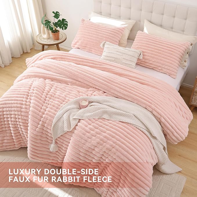 Smoofy Fluffy Full Size Comforter Sets 3 Pieces - Blush Pink Fleece Fluffy Comforter Set, Luxury Fuzzy Full Bed Set, Soft Comforter Full Size All Season, Heavy Faux Fur Comforter with 2 Pillow Cases