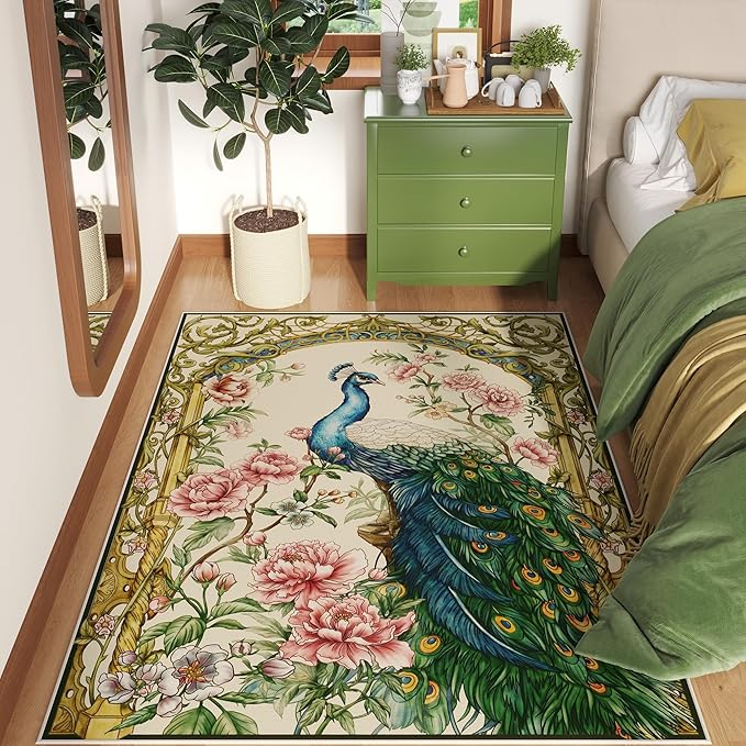 Area Rug 4x6 Rug Washable Floral Peacock Rugs Non Slip Low Pile Floral Animal Small Carpet for Bedroom, Bedside, Kids Room, Office, Dining Room (Beige)