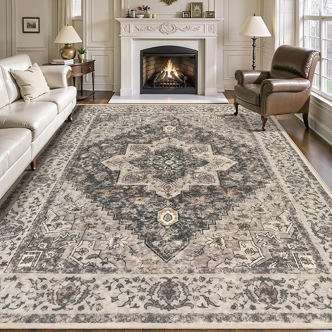 Tangsoo 8x10 Area Rugs for Living Room, 8x10 Washable Rug Vintage Indoor Non Slip Large Area Rugs, Print Distressed Brown/Grey Carpet, Soft Low Pile Foldable Floor for Bedroom Dining Room Dorm